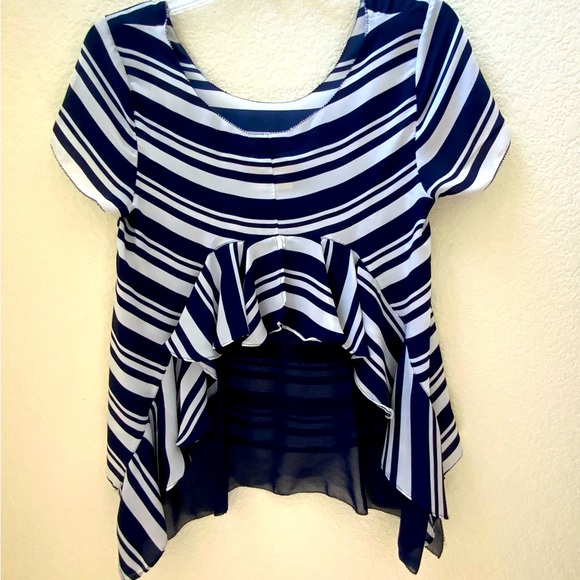 Anthropologie MAEVE Blue White Striped Short Sleeve Sheer Back Blouse Top. - Picture 4 of 6